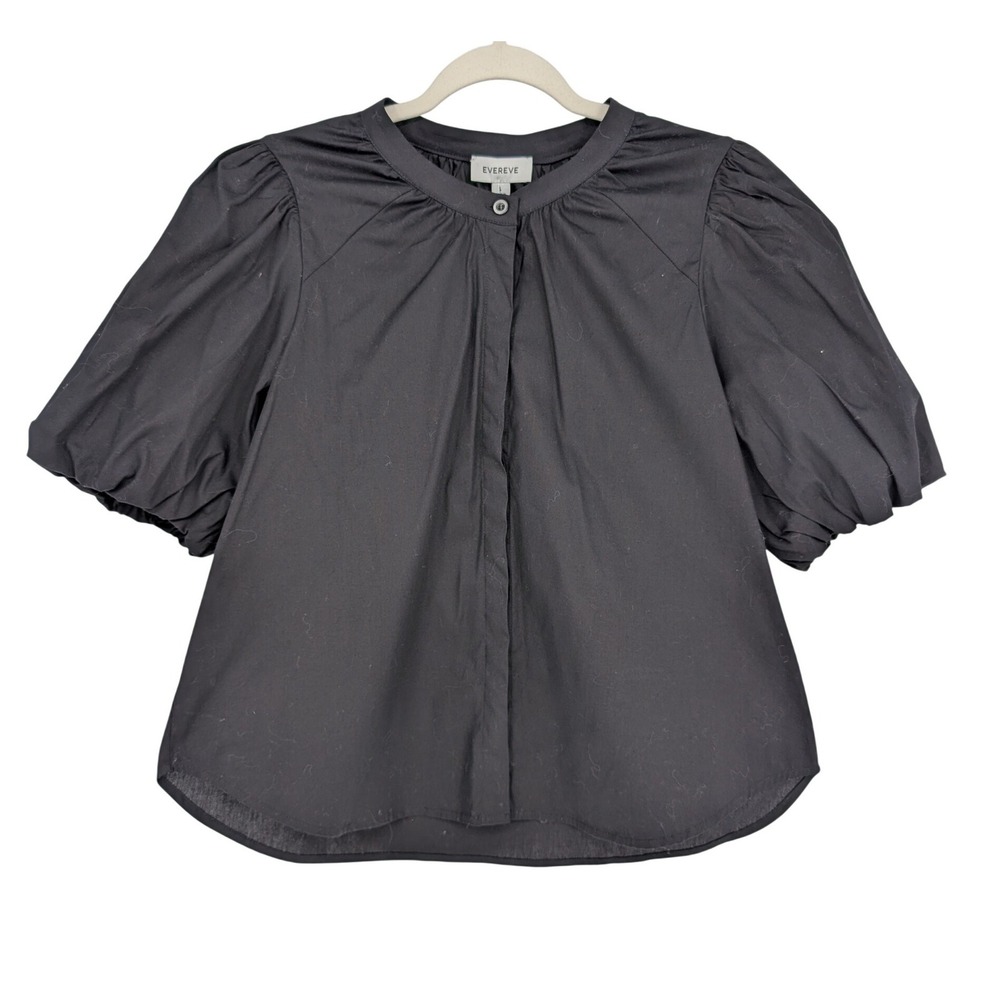 Evereve Felix Puff Sleeve Blouse L Black Cotton Poplin Preppy Minimalist Chic